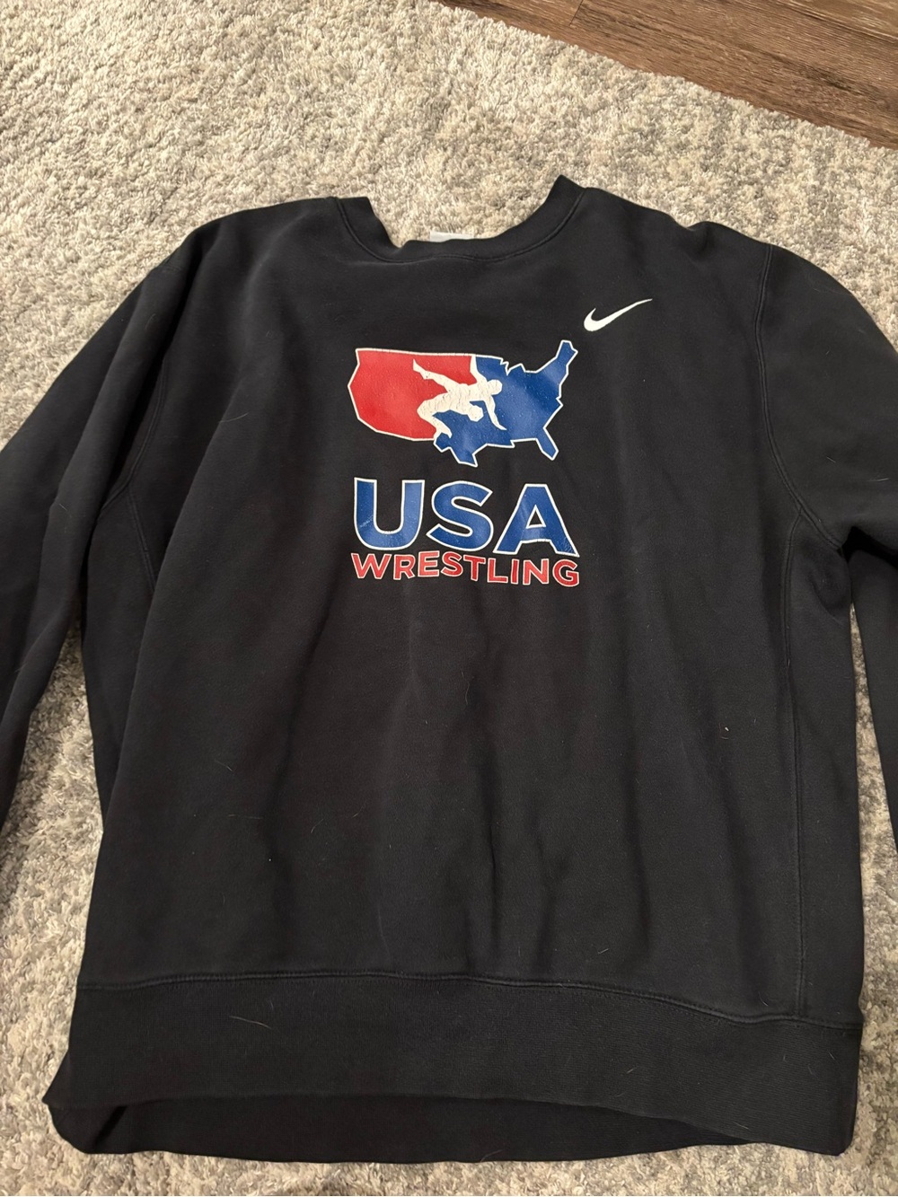 Nike Black Crewneck with Red & Blue USA Wrestling Graphic